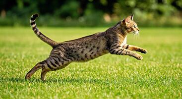 A cat running across a green field photo