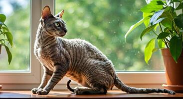 A cat sitting on a window sill with potted plants photo