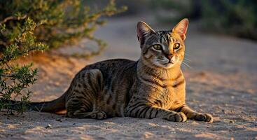 A striped cat sitting on the ground in the desert photo