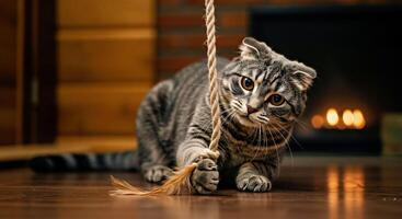 A cat playing with a rope on the floor photo