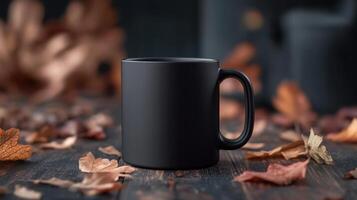 matte black coffee mug sits elegantly among dried autumn leaves, creating cozy atmosphere photo