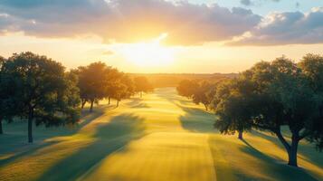 stunning aerial view of world class golf course at sunset, showcasing rolling fairways and lush greenery photo