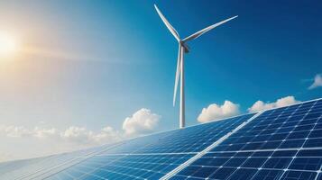 wind turbine stands tall beside solar panel array under bright blue sky, showcasing renewable energy solutions photo