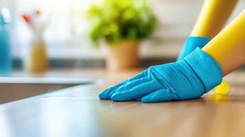 Cleaning wooden kitchen counter with gloved hands, ensuring hygiene and freshness photo