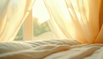 cozy bedroom with soft bedding and sunlight streaming through sheer curtains creates warm and inviting atmosphere photo