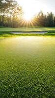 stunning view of golf course at sunrise, showcasing vibrant green grass and sand trap. serene atmosphere invites relaxation and enjoyment photo