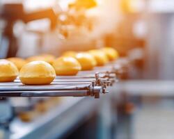 Freshly baked bread rolls on conveyor belt in high tech food processing plant, showcasing automation and efficiency photo