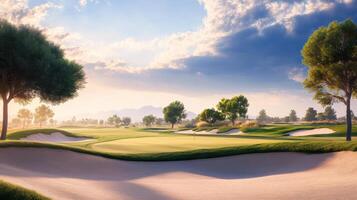 Breathtaking golf course scene with deep blue sky and lush greenery, showcasing sand traps and rolling hills photo