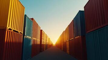 Neatly arranged shipping containers in industrial yard at sunset, creating vibrant and organized scene photo