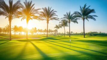 stunning golf course with palm trees under deep blue sky and sunlight photo