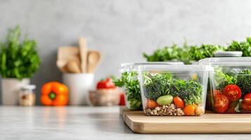 Fresh vegetables and grains stored in clear containers on kitchen countertop, showcasing healthy meal prep setup photo