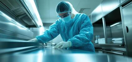 hygiene control specialist in protective gear sanitizes food preparation area, ensuring cleanliness and safety photo