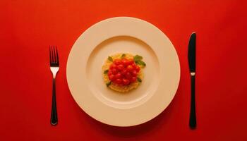 Artistic dinner presentation with vibrant red background, featuring plate of rice topped with cherry tomatoes and garnished with herbs photo
