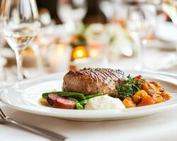 Delicious gourmet dinner featuring perfectly cooked steak, vibrant vegetables, and creamy mashed potatoes, creating delightful dining experience photo