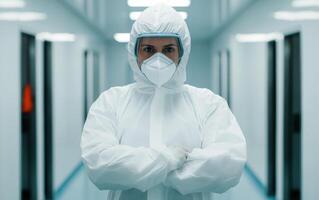 quality control specialist in protective gear stands confidently in sterile environment, ensuring safety and precision photo