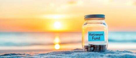 Retirement fund jar on sandy beach at sunset, symbolizing savings photo