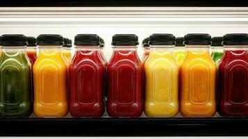 Freshly bottled juices in vibrant colors lined up on shelf, showcasing variety of flavors and healthy options photo