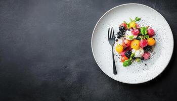 Fresh fruit salad with vibrant colors and textures on white plate photo