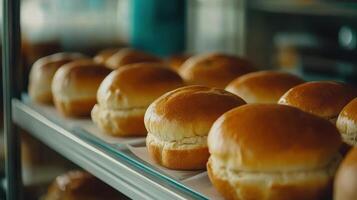 Freshly baked bread rolls displayed in clean showcase, inviting and warm photo