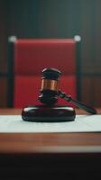 gavel resting on legal documents in courtroom setting, evoking sense of authority and justice photo