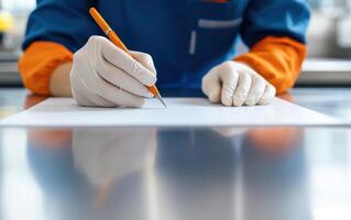 quality control specialist in gloves writing on sheet of paper, ensuring standards are met. Focused and precise work environment photo
