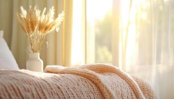 Softly lit cozy bedroom with warm blanket and decorative vase photo