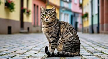 A striped cat sitting on the cobblestone street photo