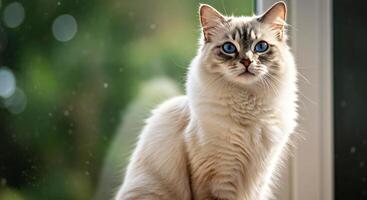 A white cat sitting on a window sill photo