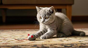 A cat playing with a mouse on a rug photo
