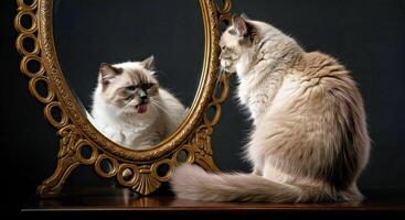 A cat looking at itself in a mirror photo