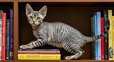 A cat is standing on top of a book shelf photo