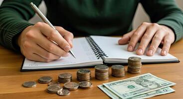 Man writing in notebook with money on table photo
