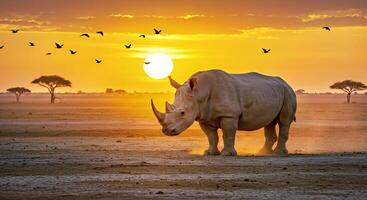 A rhino standing in the middle of a field photo