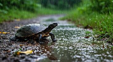 A turtle is walking on a wet road in the rain photo