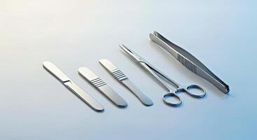 A set of surgical instruments on a white surface photo