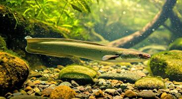 A fish swimming in an aquarium with rocks and plants photo