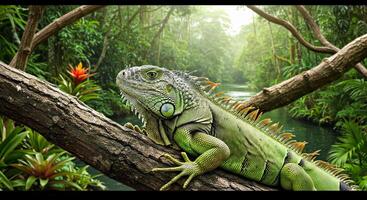 An iguana is sitting on a branch in the jungle photo