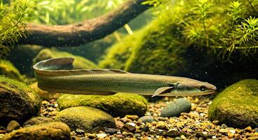 A fish swimming in an aquarium with rocks and plants photo