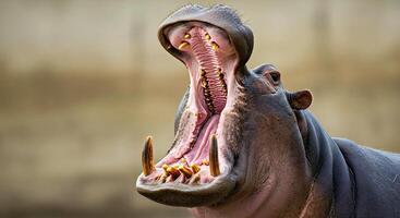 A hippo with its mouth open and its teeth showing photo