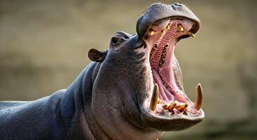 A hippopotamus with its mouth open photo
