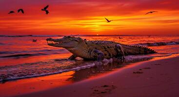 A crocodile on the beach at sunset photo