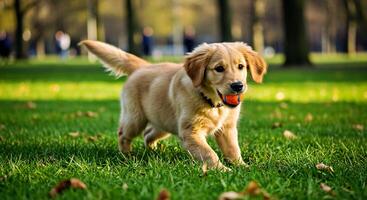 A golden retriever running through a field with a ball in its mouth photo