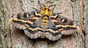 A large moth with black and yellow stripes on its wings photo