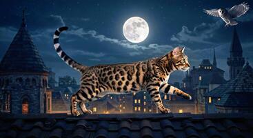 A cat walking on a roof at night with a full moon in the background photo