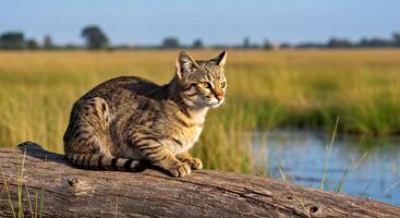 A cat sitting on a log in a field photo