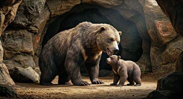 A mother bear and her cub are standing in a cave photo