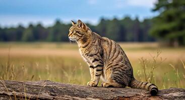 A cat sitting on a log in a field photo