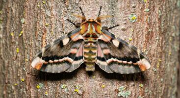 A moth with a black and white pattern on it photo
