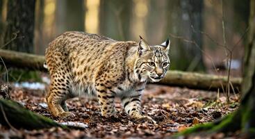 A Bobcat Stalking Its Prey for a Rabbit in a Dense Forest photo