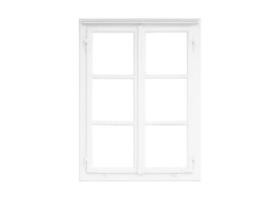 Modern tall double white window with three square glass panes on each wing, supported by two horizontal bars, isolated for mockup and architectural design photo